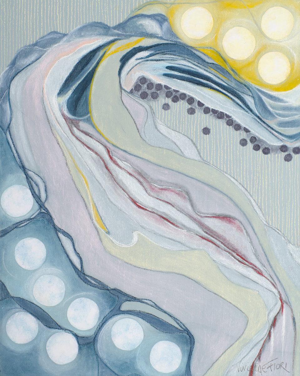Shell Fragment V. Layered blue, grey and cream curves sweep past yellow and pale circles.