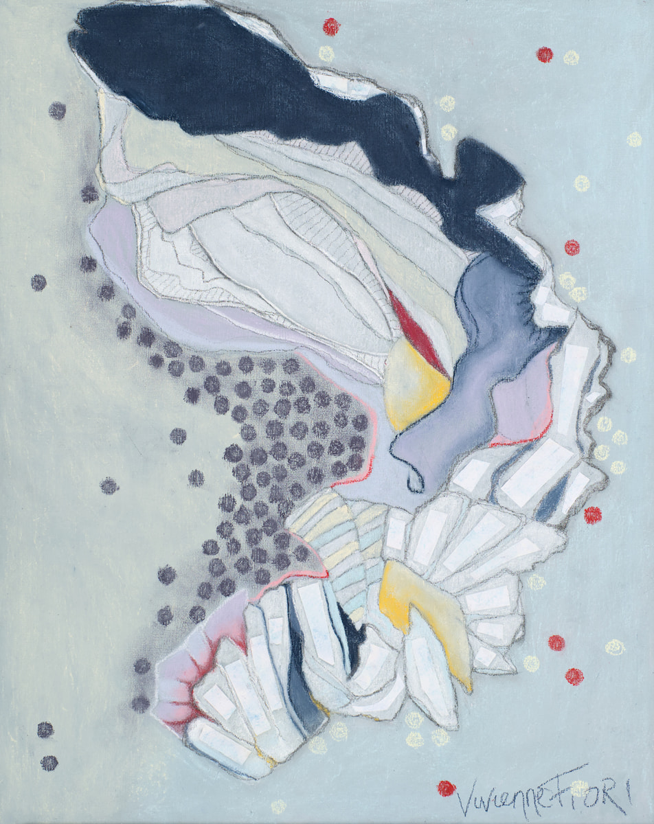 Shell Fragment III. Broken white and grey shell pieces, a dark blue curve and clusters of dots on a pale blue ground.
