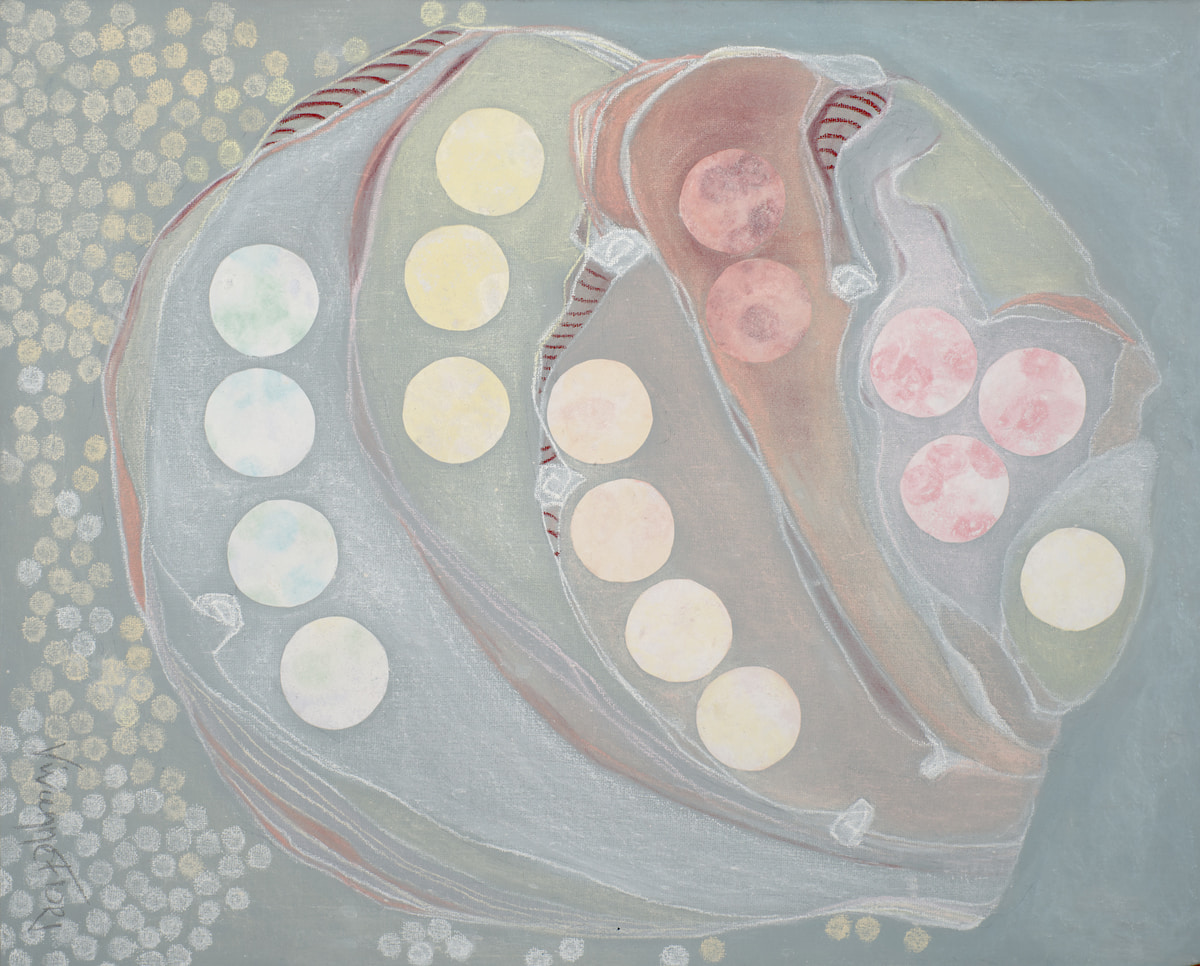 Shell Fragment VI. Curving bands of pale, yellow and pink circles fill a rounded shell form on a blue-grey ground.