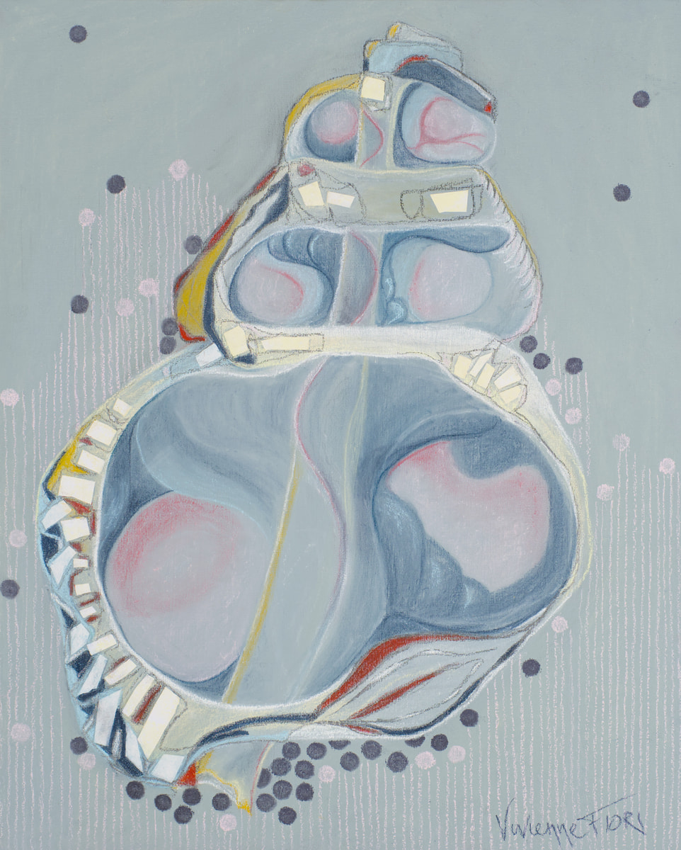 Shell Fragment IV. Stacked blue shell chambers with pale rectangular marks on a grey-blue ground.