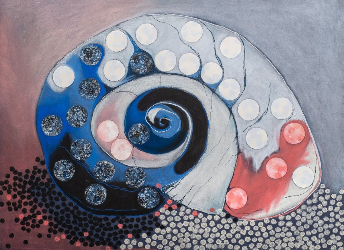 Blue & Black Shell. A spiral shell form in deep blue, black, pale grey and pink.