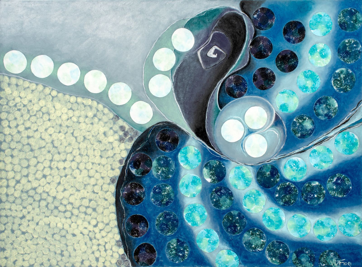 Blue Dots. Pale and dark circles follow a flowing blue organic form.