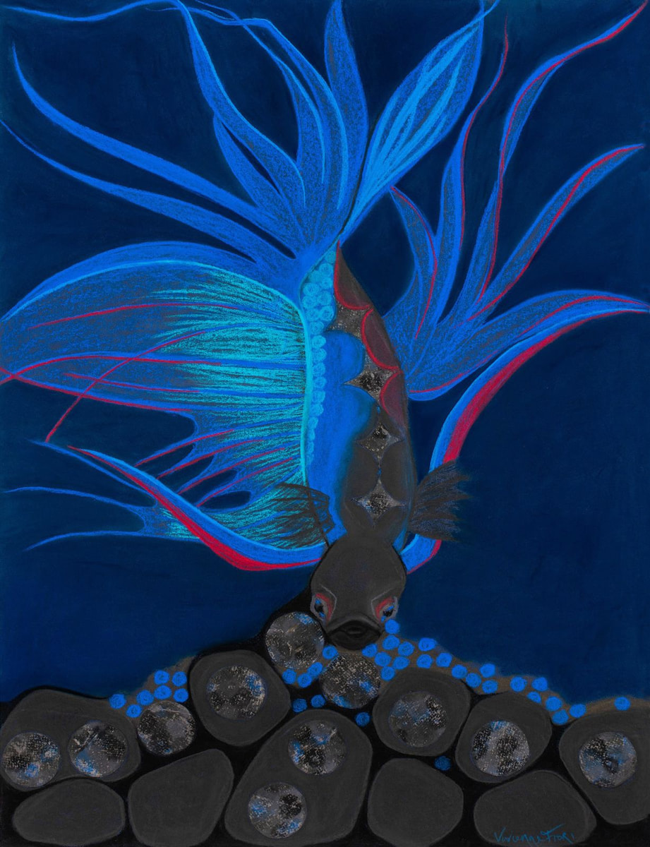 Blue Fish Dancing. Long, bright blue fin-like lines move through a deep blue field.