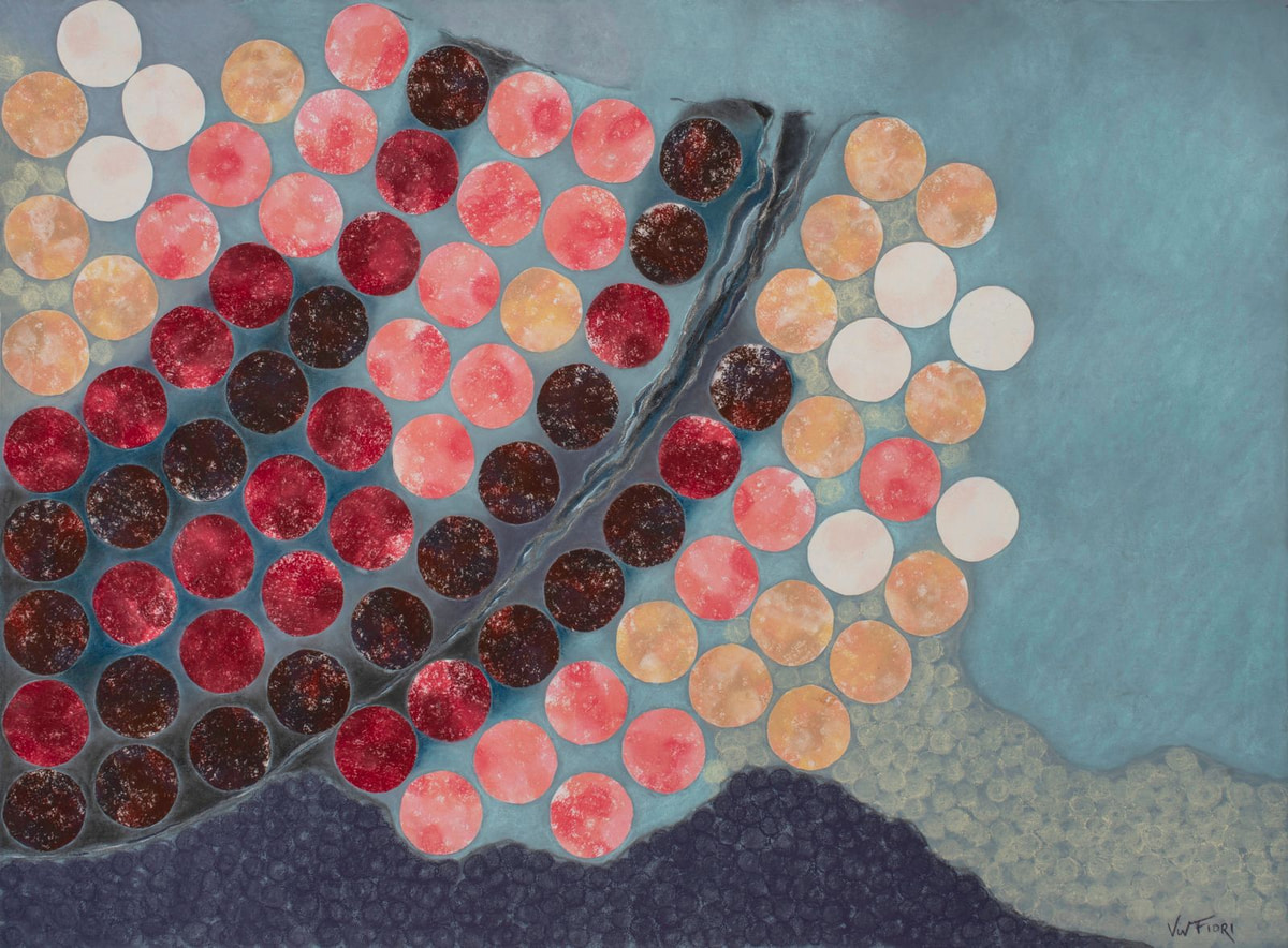 Blue & Pink Shell. Clusters of pink, coral and pale circles meet a curving dark form.