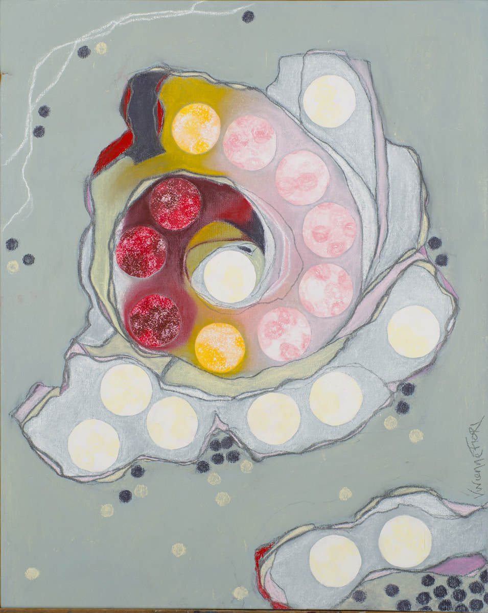 Shell Fragment I. A coiled grey shell holds red, pink and yellow circles on a pale blue-green ground.