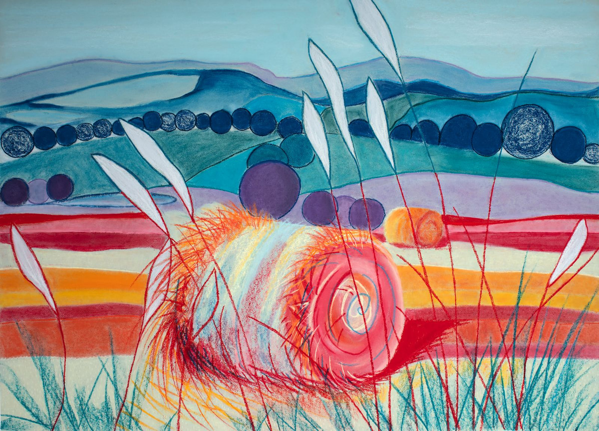 Haybale — Kangaroo Ground. A large pink-red haybale rests among layered bands of land and sky.