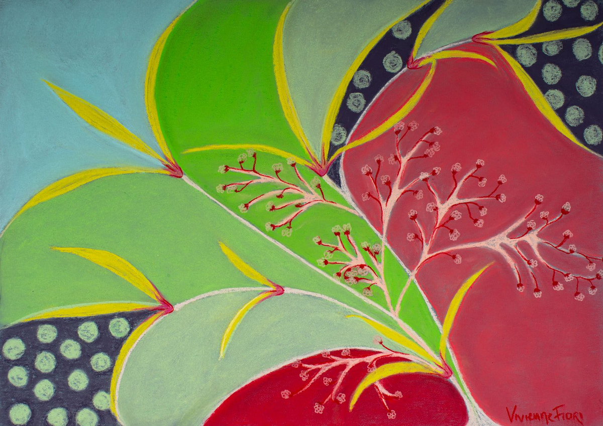 Nandina. Fine botanical lines and green leaves against pink, blue and patterned fields.