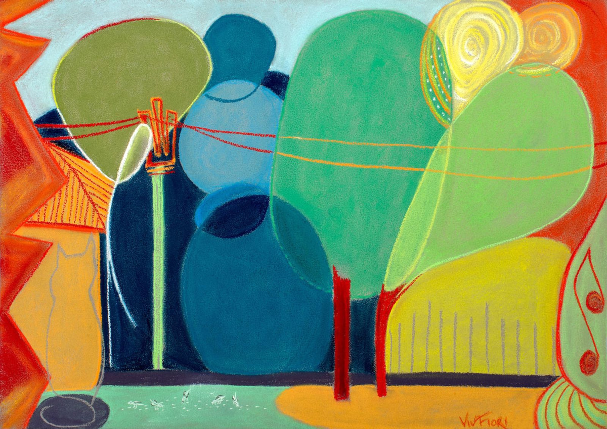 Neighbourhood Noise. Layered green, blue and yellow rounded forms with strong red verticals.