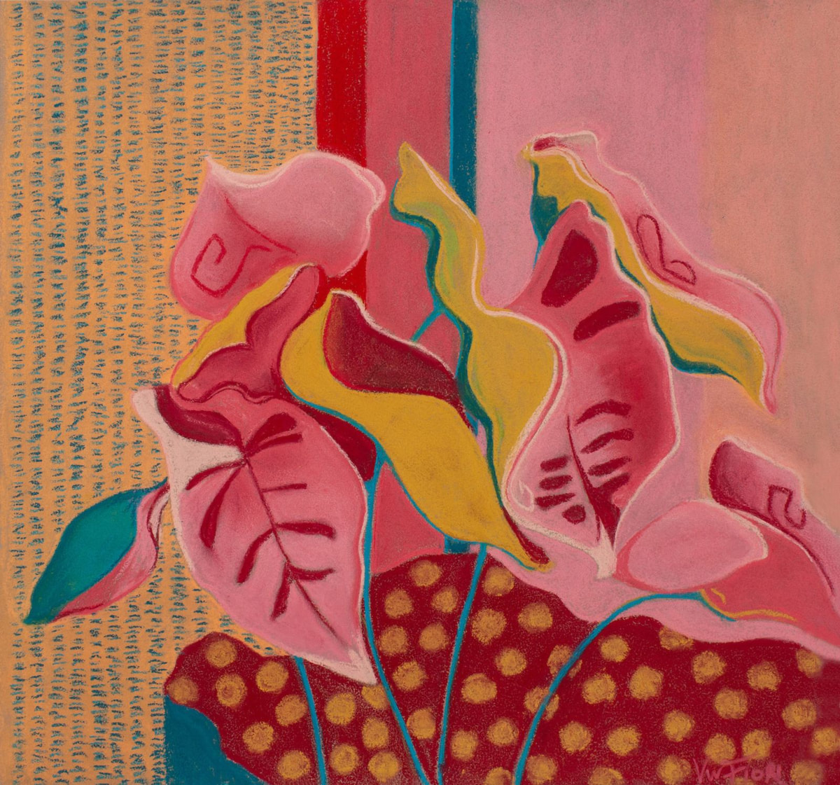 Pink Leaves & Blue. Pink botanical shapes and deep blue leaves against warm striped fields.
