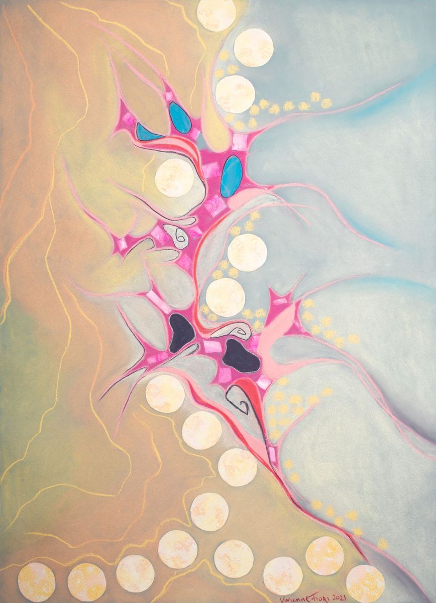 Pink Seaweed I. Pink branching forms and pale circles on a soft blue and yellow ground.