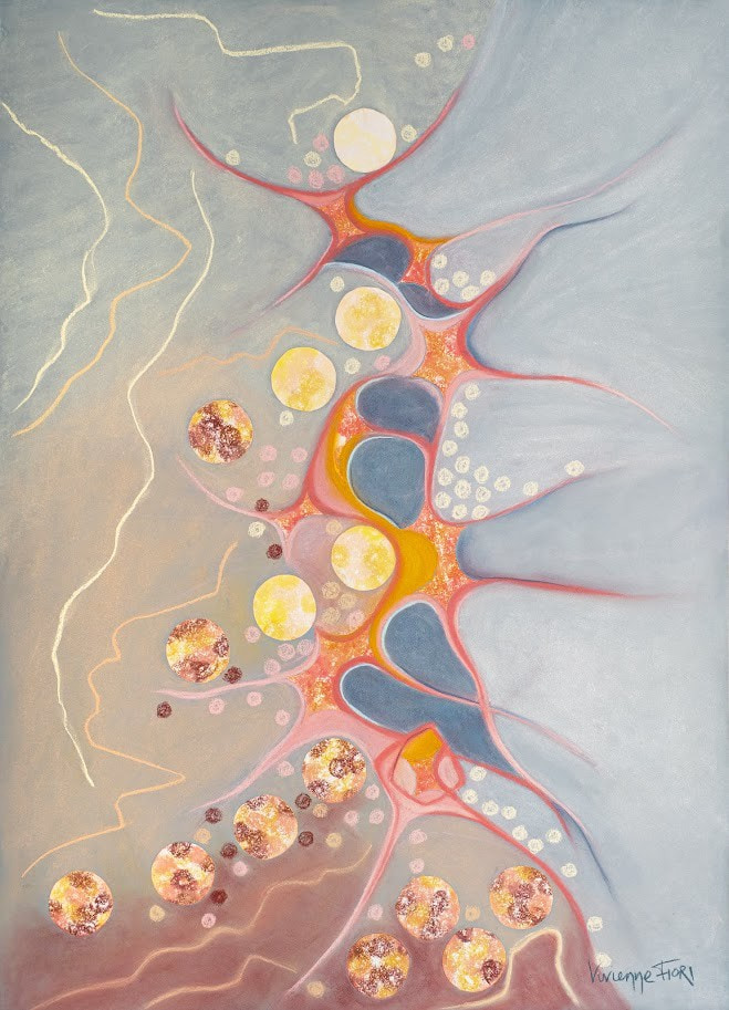 Pink Seaweed II. Fine coral branching forms and yellow circles on a pale grey ground.