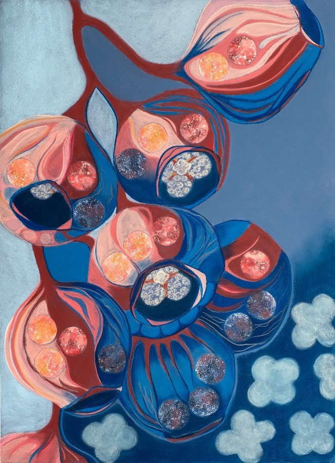 Pod Stories II. Tall coral and blue organic forms layered with pale circles.