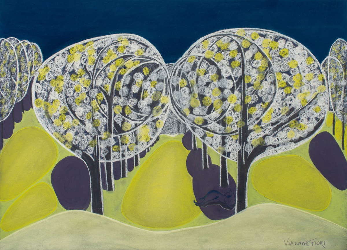 Reclining Roo. Pale branching trees cluster above yellow-green rolling ground.
