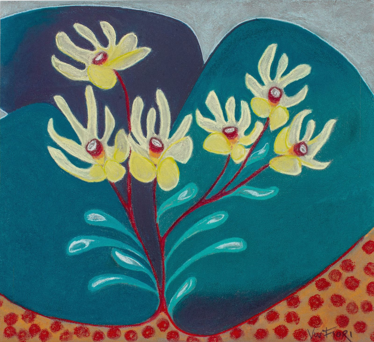 Red Stems. Fine red stems and yellow flowers against rounded deep green forms.