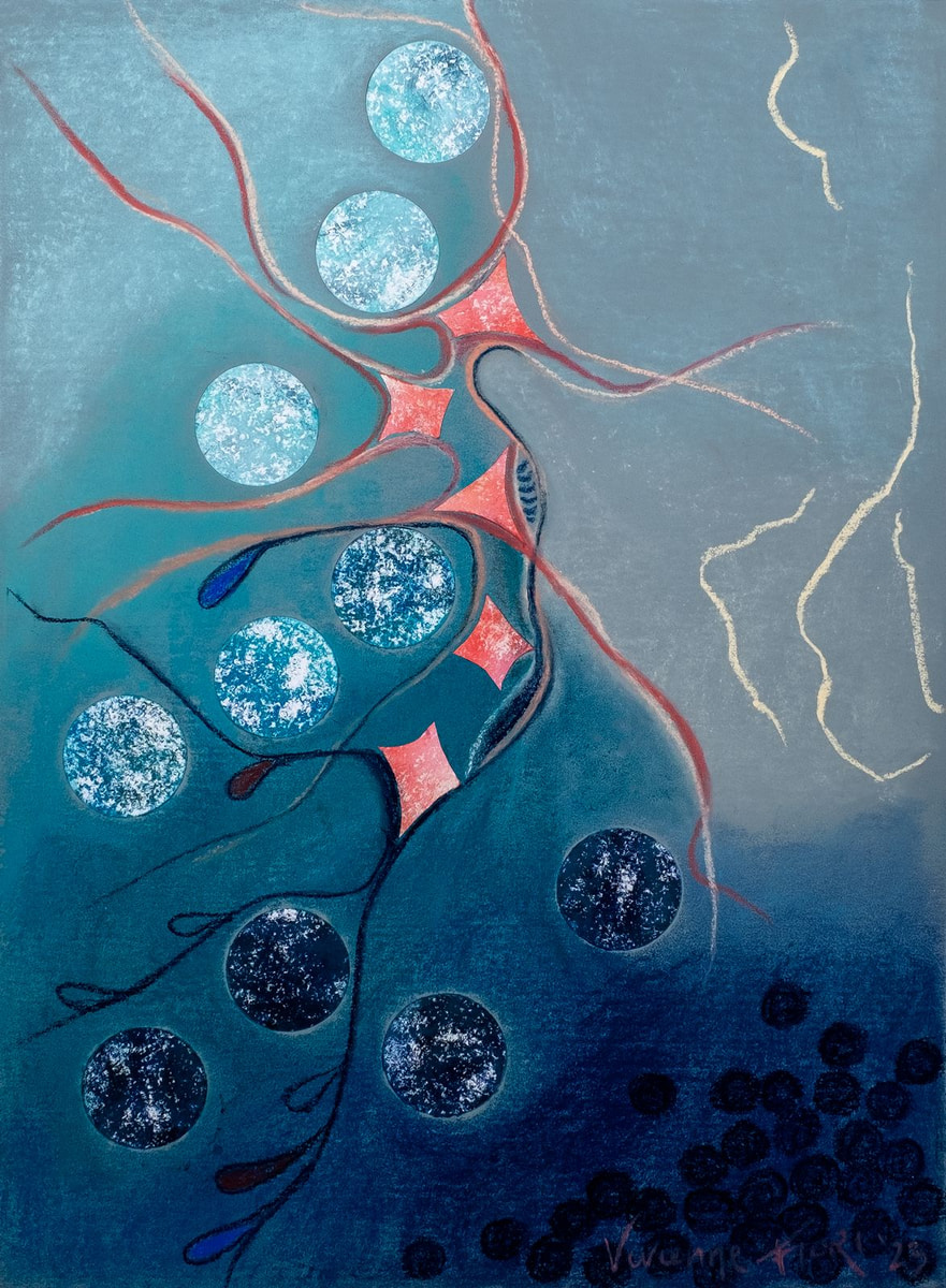 Seahorse Impression. Coral branching lines and blue circular forms on a muted blue ground.