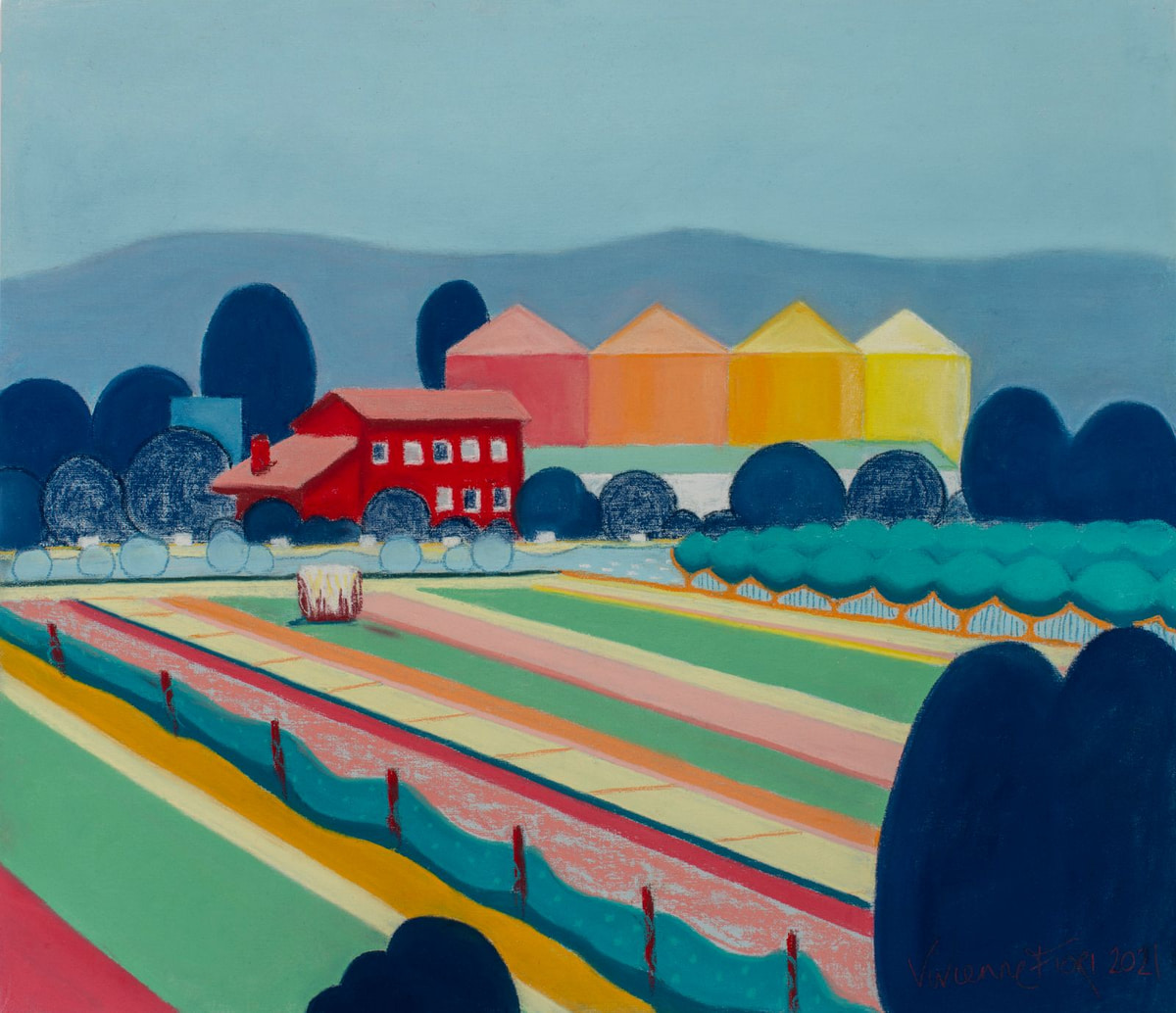 Silos of Trieste. Warm architectural forms and striped fields beneath blue hills.